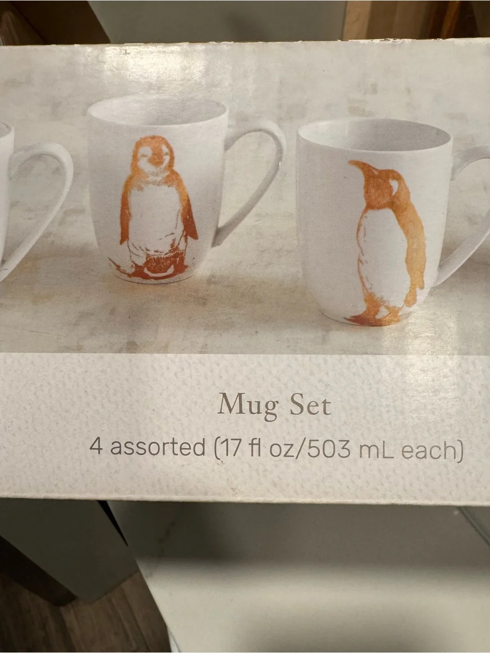 Pier 1 Gold Penguin Print on White Porcelain Coffee Mug - Set of 4